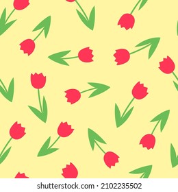 Spring seamless pattern in flat style with flowers and hearts on yellow background. Valentines cards, banners, posters, mug, scrapbooking, pillow case, phone cases and clothes design. 