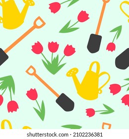 Spring seamless pattern in flat style with flowers, shovel and watering can. Gardening theme for cards, banners, posters, mug, scrapbooking, pillow case, phone cases and clothes design. 