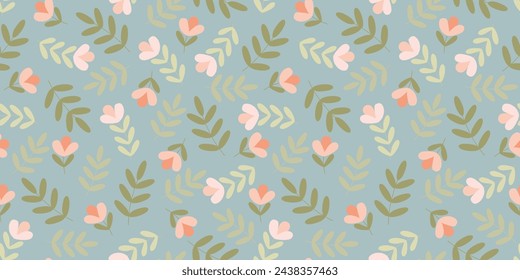 Spring Seamless Pattern with Flat style Flowers and Leaves. Retro Cartoon Vector Illustration. Cute design for Textile, Fabric, Wrapping paper, Cover. Hand drawn Botanical Endless Background.