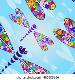 Spring seamless pattern with floral colorful dragonflies (vector EPS10)