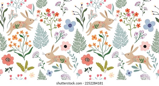 Spring seamless pattern with floral design and cute bunnies, different flowers and plants, seasonal wallpaper, 