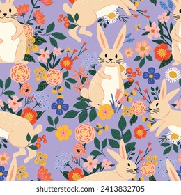 Spring seamless pattern with floral design and cute bunnies in cottage-core style. Perfect for textile, wallpaper or print design.