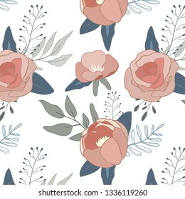 spring seamless pattern, floral pattern on white background, roses illustration.