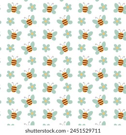Spring seamless pattern. Flower and bee repeat on on white background. Cute childish nature design in cartoon flat style for cover, print. Vector illustration.