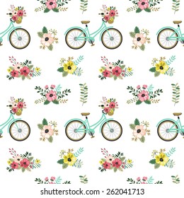 Spring seamless pattern with flowers and bicycles. Used for wallpaper, pattern fills, web page background,surface textures.