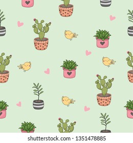 Spring seamless pattern with flowers and birds. Beautiful bright background.Hand drawn decorative seamless pattern with cacti and succulents.