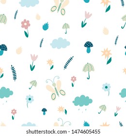Spring seamless pattern with flowers, butterflies. mushrooms, umbrellas, clouds.