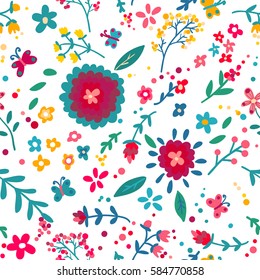 spring seamless pattern with flowers and butterflies