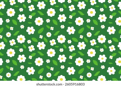 Spring seamless pattern flowers chamomile, leaves. Flat vector illustration on green background for wrapping paper, packages, cards, fabric