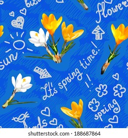 Spring seamless pattern with flowers crocuses and scribbles made ??by hand