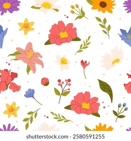 Spring seamless pattern with flowers. Floral botanical elements for wrapping, packaging design in flat style. Floral plant branches, stems with blooming blossoms and leaf. Tulips, snowdrops, crocuses