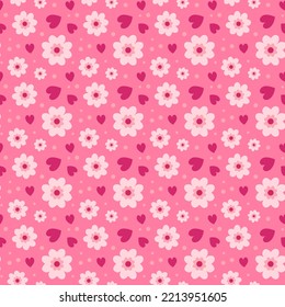 Spring seamless pattern with flowers and hearts on pink background. Festive decoration for princess party, wedding, holiday and Valentine Day. Vector flat illustration