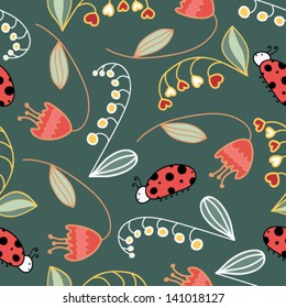 Spring seamless pattern with flowers and ladybirds.