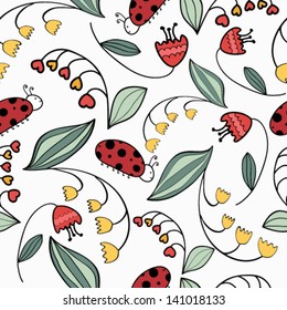 Spring seamless pattern with flowers and ladybirds.