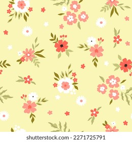 Patrón sin costuras de primavera con flores, hojas y bayas. Gráficos vectoriales.