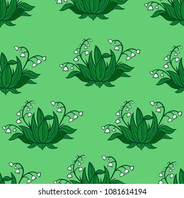 Spring seamless pattern with flowers of lilies of the valley. Hand-drawn vector composition.