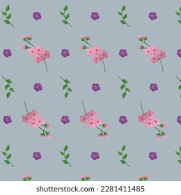 Spring seamless pattern with flowers on a blue background. Delicate pattern with cherry blossoms and green branch. Vector illustration.