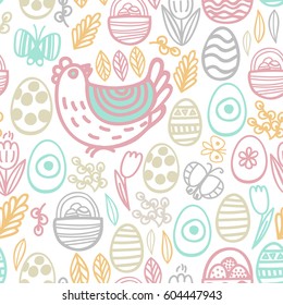 Spring seamless pattern with flowers, painted eggs, branches and birds. Easter pattern.
