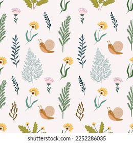 Spring seamless pattern with flowers, plants and snails, pastel colors