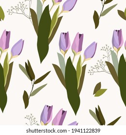 Spring seamless pattern with flowers. Vector illustration with tulips for room decor, children design, wedding invite.