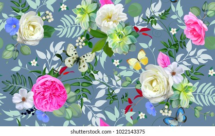 Spring seamless pattern with flowers,succulents and butterflies