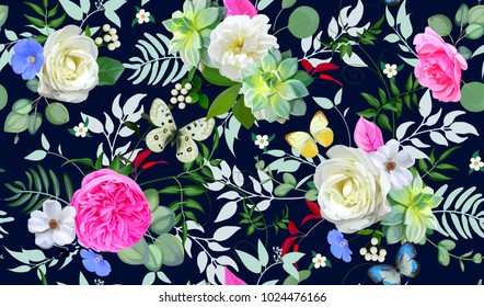 Spring seamless pattern with flowers,succulents and butterflies