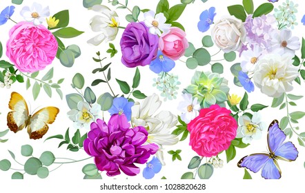 Spring seamless pattern with flowers,succulents and butterflies