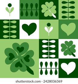 Spring seamless pattern with four leaf clover plants, flowers and hearts. Saint Patricks Day print for card, paper, fabric, textile. Hand drawn vector illustration.
