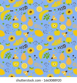  Spring seamless pattern. Fruits, berries, insects and flowers on a blue background.