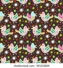 Spring Seamless pattern with funny cartoon birds and flowers. Vector hand drawn colorful  background. 
