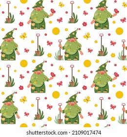 Spring seamless pattern with funny cute cartoon gnomes with a shovels.