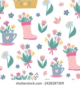Nahtloses Frühlingsmuster mit Gartenblumen, Blumensträußen und Töpfen für Tapeten, Baumschulbekleidung, Textildrucke, Scrapbooking, etc. EPS 10