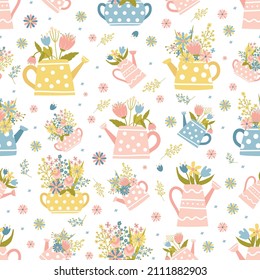 Spring Seamless pattern. Garden watering cans with delicate flowers. Colored doodles for Easter. Childish print for nursery. For posters, cards, clothes. Vector illustration in pastel colors     