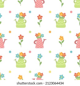 Spring seamless pattern. Garden watering cans with flowers. Colored pdttern for Easter. Childish print for nursery. For posters, cards, clothes