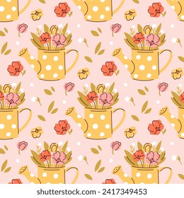 Spring Seamless pattern. Garden watering cans with delicate flowers. Colored doodles for Easter. Childish print for nursery. For posters, cards, clothes. Vector illustration in pastel colors