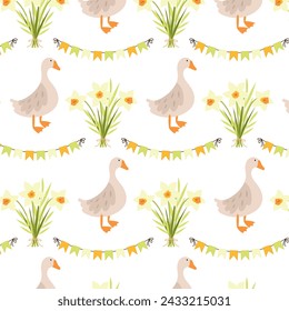 Spring seamless pattern. Pattern with a goose, flags and a bouquet of daffodils on a white background in a flat style. Spring background for your design.
