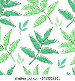 Spring seamless pattern with green leaf outlines and silhouettes on white background. Vector repeat pattern textile design, wallpaper.