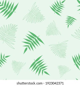 Spring seamless pattern with green leaves. Light green background, texture with tropical leaves. Vector design can be used for fabric, for wrapping paper, green print, light simple spring texture.
