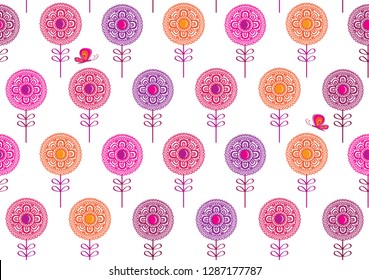 Spring seamless pattern with hand drawn decorative flowers and butterflies for textile, wallpapers, gift wrap and scrapbook. Vector illustration.
