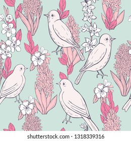 Spring seamless pattern  with  hand drawn birds and flowers.Vector sketch  illustration.