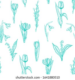 Spring seamless pattern with hand drawn flowers lilies of the valley, willow, tulip, snowdrop, crocus - isolated on white. Pattern can be used for wallpaper, web page background, surface textures.
