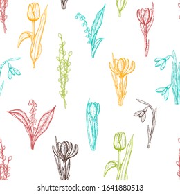 Spring seamless pattern with hand drawn flowers lilies of the valley, willow, tulip, snowdrop, crocus - isolated on white. Pattern can be used for wallpaper, web page background, surface textures.