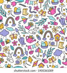 Spring seamless pattern with hand drawn doodles for wrapping paper, cards, prints, backgrounds, wallpaper,packaging, scrapbooking, stationery, etc. Eps 10