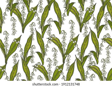 Spring seamless pattern with hand drawn flowers lilies of the valley . Pattern can be used for wallpaper, web page background, surface textures.