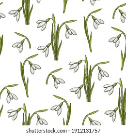 Spring seamless pattern with hand drawn snowdrops. Pattern can be used for wallpaper, web page background, surface textures.