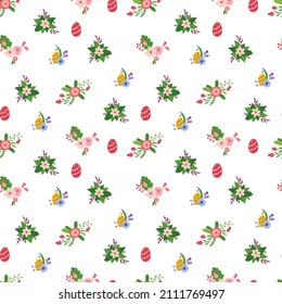 Spring Seamless pattern with hand drawn flowers and easter eggs. Design for fabric, textile, wallpaper, packaging.