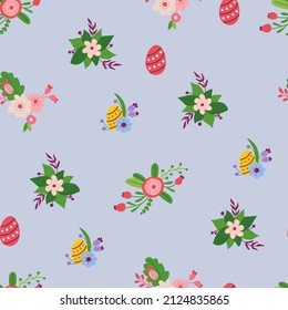 Spring Seamless pattern with hand drawn flowers and easter eggs. Design for fabric, textile, wallpaper, packaging.	
