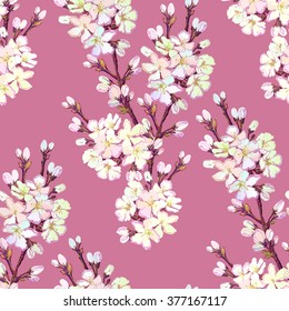 Spring seamless pattern. Hand drawn blossom cherry branches. Seamless pattern with realistic blossom cherry branches. Spring watercolor style pink rose background. Vector illustration