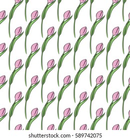spring seamless pattern with hand drawn pink tulips on white background; vector illustration; perfect for wrapping paper, fabric print, wallpaper or other decorative purposes