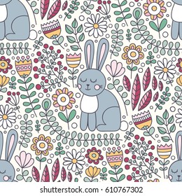 Spring seamless pattern with hand drawn rabbit sitting in flowers. Doodle floral background with cute bunny, berries, leaves, plants. Light retro colors - grey, pink, yellow, green, white.